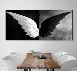 Lienzo grande, arte de pared, cartel largo, alas de plumas poderosas en blanco y negro, pintura en lienzo, imagen artística de pared nórdica para la vida 4540213