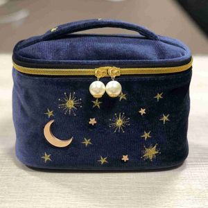 Bolsa de maquillaje con borla de terciopelo bordado de luna y estrella cuadrada bonita de gran capacidad para mujer, bolsa de almacenamiento 230715