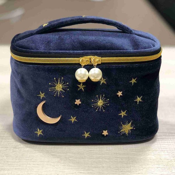 Bolsa de maquillaje con borla de terciopelo bordado de luna y estrella cuadrada bonita de gran capacidad para mujer, bolsa de almacenamiento 230715