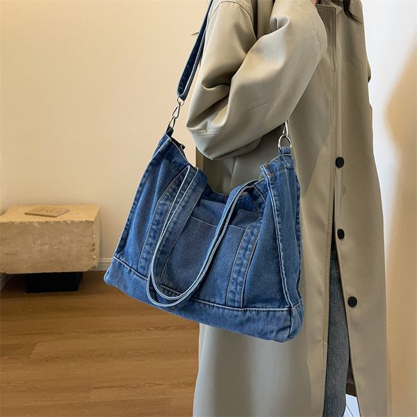 Sac à bandoulière en Denim bleu pour femmes, grande capacité, couleur unie, fourre-tout, sacs de Shopping rétro pour filles d'université, YFA2175