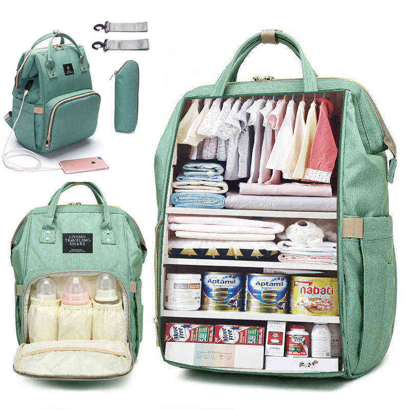 Bolsa de pañales de gran capacidad, mochila impermeable, bolsa de maternidad, bolsas de pañales para bebés con interfaz USB, bolsa de viaje para mamá para cochecito H1110