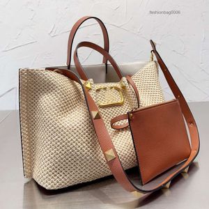 Sac à provisions tissés de grande capacité Femmes Tote Sacs Gold Hardware Backle Woven Handbag With Purse Cuir Handle High Quality Lady Beach Sac Clutch