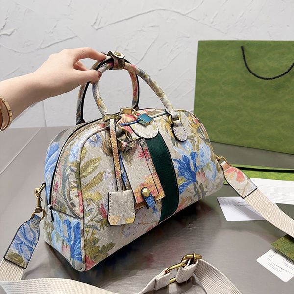 Bolso de mano de gran capacidad, bolsos de hombro Vintage, bolsos de viaje con estampado de letras y flores para mujer, herrajes de metal, cierre de cremallera, bolsillo interior con cremallera, bolso de mano