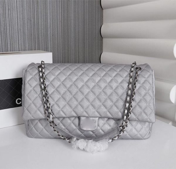 Bolsos tote de gran capacidad Bolso de piel de vaca con estampado de lichi Bolso de hombro con correa de cadena para mujer Bolso de compras de diseñador de herrajes de plata antigua