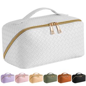 Sac à cosmétiques de voyage de grande capacité en cuir PU, sac de maquillage Portable étanche pour femmes avec poignée et séparateur, organisateur plat