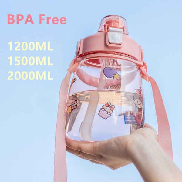 Botella de agua de gran capacidad de plástico kawaii taza linda portátil verano deportes al aire libre niña niño tambor con correa de paja BPA gratis 210923
