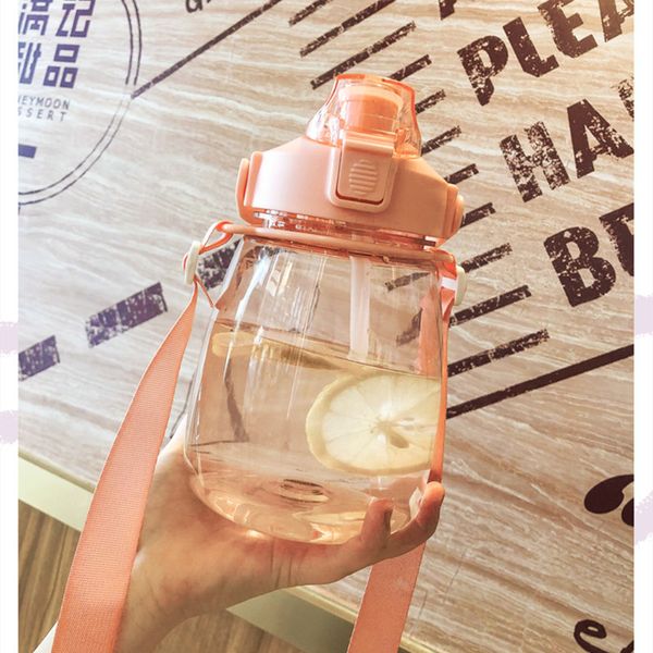 Botella de agua de gran capacidad, vaso de plástico Kawaii, bonito vaso portátil de verano con correa de paja, 1100ML, 1600ML, botella de agua