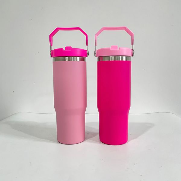 Gran capacidad al por mayor a granel de acero inoxidable de doble pared con recubrimiento en polvo rosa 30 oz vaso de paja abatible tazas de café tazas con asa para grabado, vendido por caja