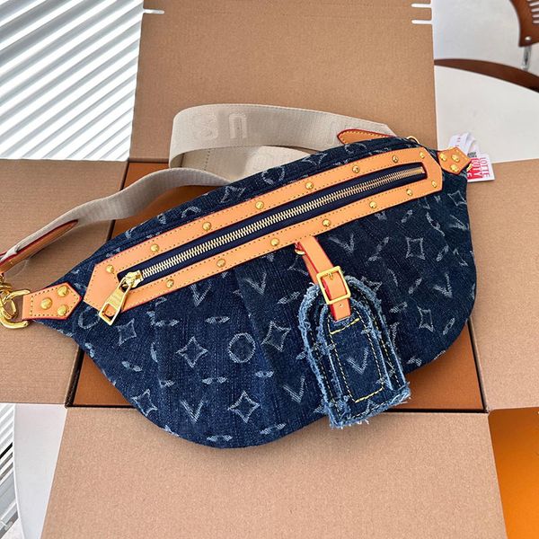 Grande capacité femmes concepteur Denim sacs poitrine sac à main taille Pack 42x19 cm large sangle en nylon réglable rivets dorés décoration bicolore motif de fleur sac à main d'épaule