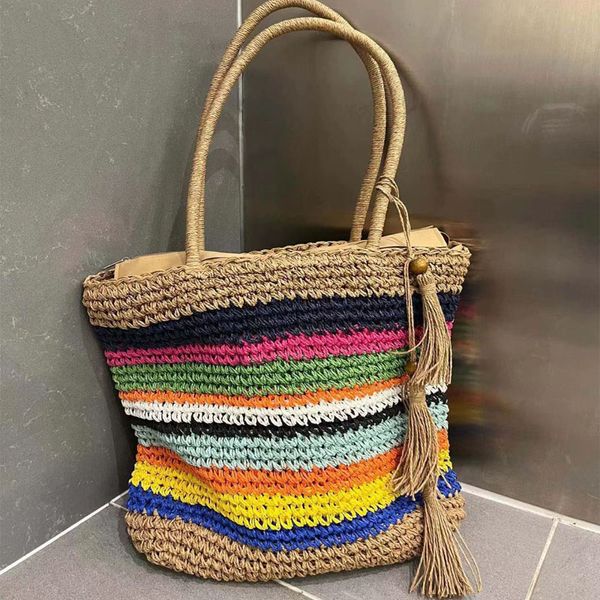 Grande capacité femmes Lafite herbe bandoulière tissage fourre-tout sac à provisions panier à légumes seau sacs de paille creux vacances d'été plage voyage épaule sac à main MM