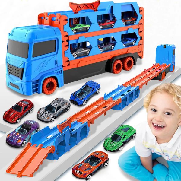 Grand transporteur de voiture camion pliant piste véhicule de course enfants jeux compétitifs stockage alliage garçon jouet enfants roman cadeau 240313