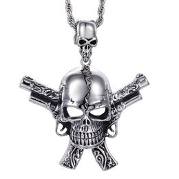 Gran fundición de plata 316L acero inoxidable Biker esqueleto calavera doble pistola colgantes collar gótico joyería fresca para hombres Gift334D