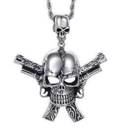 Gran fundición de plata 316L acero inoxidable Biker esqueleto calavera doble pistola colgantes collar gótico joyería fresca para hombres Gift212A