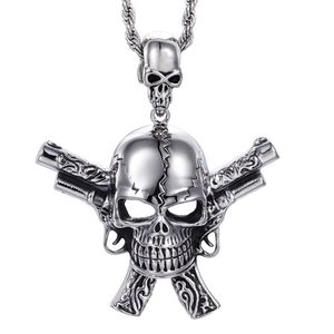 Grote Casting Zilver 316L Rvs Biker Skeletschedel Dubbele Pistool Hangers Gothic Ketting Mannen Cool Sieraden Gift212A