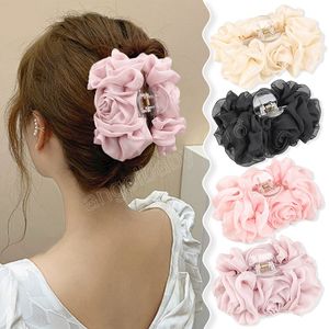 Grande pince à griffes en mousseline de soie élégant nœud de cheveux grande taille tissu ruban fleur Rose griffe mâchoire pinces Clips accessoires pour les femmes