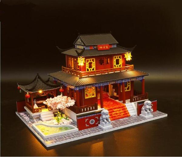 Grand style chinois bricolage maison de poupée en bois maisons de poupée Miniature maison de poupée Kit de meubles jouets faits à la main cadeau d'anniversaire pour les enfants Y20034488213