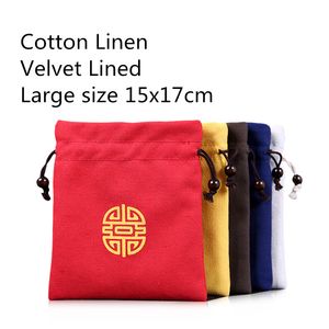 Bolsa de almacenamiento de lino de estilo chino grande, bolsa con cordón de terciopelo de algodón, bolsa pequeña portátil para taza de té, pulsera de viaje, bolsa de joyería, 2 unids/lote