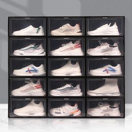 Gran caja de zapatos transparente almacenamiento plegable plástico organizador casero transparente pantalla apilable con calzado combinado superpuesto contenedores cajas de gabinete hy0036