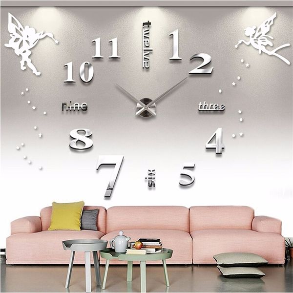 Grandes relojes silenciosos acrílico autoadhesivo DIY 3D Digital pared pegatina Ángel letras inglesas reloj grande decoración del hogar 210310