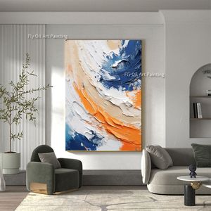 Grande peinture à l'huile de texture minimaliste colorée Blue blanc et orange texure 100% art à la main art mural moderne peinture abstraite pour le décor de salon