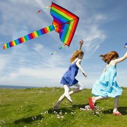 Large Colorful Rainbow Kite Long Tail Nylon Outdoor 50m Surf Kids Toys Flying Kid With Kite Kites Outdoor Line For Children I3E5 220621