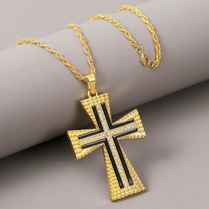 Grand pendentif croix en or jaune 18 carats rempli de crucifix pour homme, chaîne incrustée de Cz