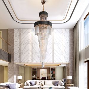 Grand lustre en cristal rond lampes à LED suspendues noir/or plafonniers Base pour escalier Loft hall Villa salon décor
