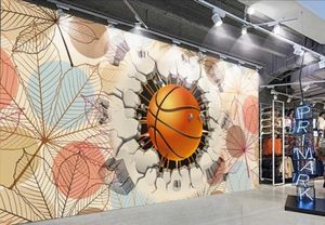 Grote aangepaste muurschildering Wallpaper 3D Creative Basketball Leaf Woonkamer TV Achtergrond Murken Wall The Mall Art Painting Wall Papers6890819