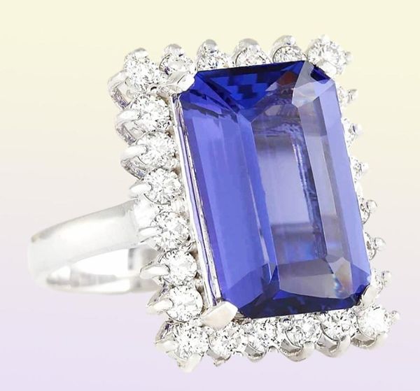 Grand anneau en pierre de Zircon carré bleu foncé, bijoux à la mode, anneaux en cristal d'argent pour fiançailles, bijoux de mariage L3K1169703414