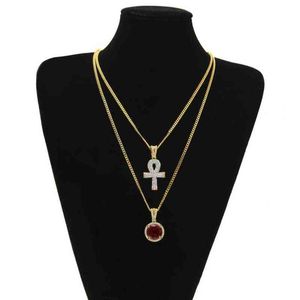 grands colliers pendentif clé égyptienne Ankh Ensembles ronds saphir rubis avec strass croix charmes chaînes à maillons cubains pour hommes Hip Ho263J