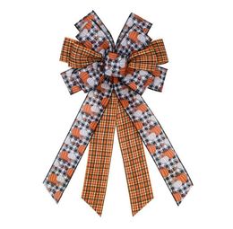 Grote daling jute krans geschenk boog 20.8x11.4 inch handgemaakte oranje buffel plaid gebonden strik voor Thanksgiving Kerstmis huis binnen openlucht ornamenten