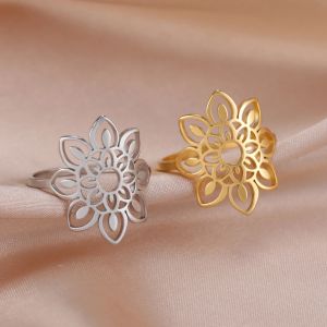 Grote filigraan Lotus Flower Ring Vrouwen 14k Geel Goud Kleur Esthetische Bohemian Ring Golds Wedding Engagement Sieraden Cadeau