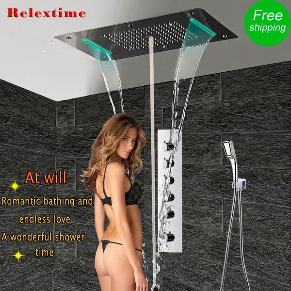 Système de douche encastré thermostatique à grand débit mitigeur LED panneau de tête de douche au plafond bain de luxe pluie cascade bulle brume