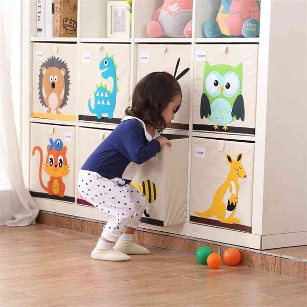 Grande boîte de rangement pliante 13 pouces Cartoon Animal Cube Bac de rangement Tissu Boîtes de rangement pliables pour les organisateurs de jouets de pépinière 210626