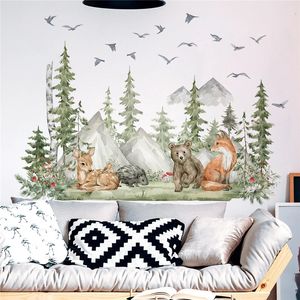 Pegatinas de pared grandes de animales del bosque, ciervos y osos para habitaciones de niños, calcomanías para guardería, decoración de habitación de niños, Mural de árboles de dibujos animados 240112