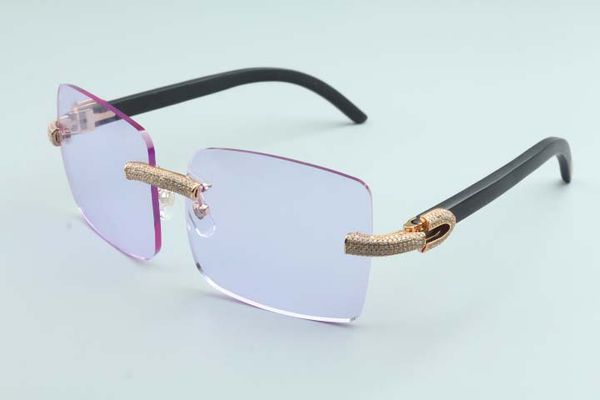 lunettes de soleil de luxe simples carrées à grande monture lunettes de diamant complètes T3524012-2F monture de lunettes de soleil de temple en bois noir naturel sans cadre de luxe