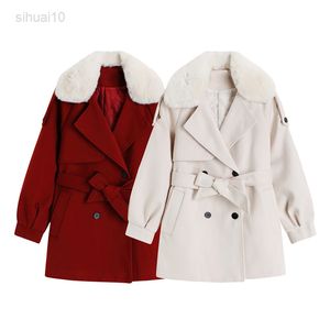 Grote bont kraagwollen jas herfst winter dames nieuwe Koreaanse stijl dubbele rijen katoenen jas Chinese rode kerstjack vrouwelijk L220725