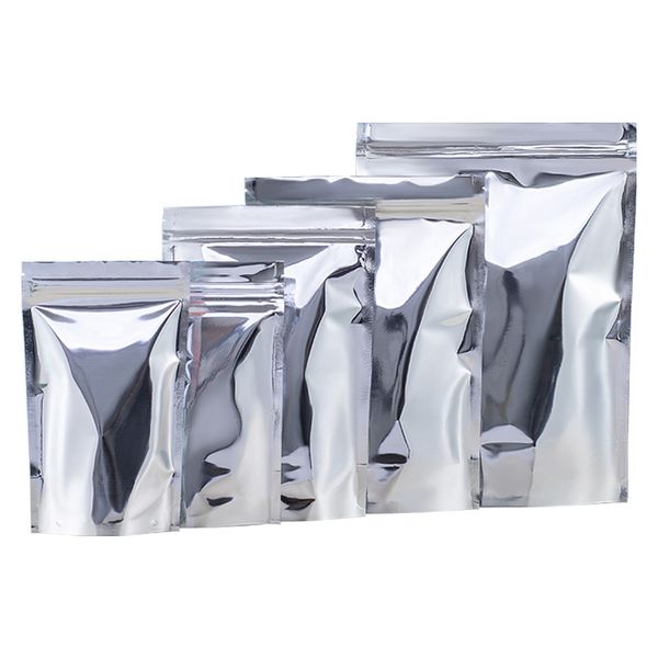 Grandes pochettes en papier d'aluminium argenté brillant Thermoscellage Stand Up Self Seal Zipper Plastic Retail Packaging Tea Bag Wholesale LX4308