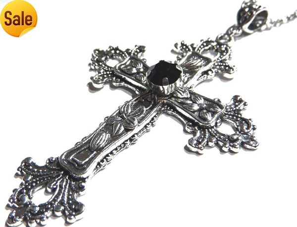 Grand collier croix gothique pendentif en argent avec pierre de verre noir 60,96 cm chaîne en acier alliage de zinc acier verre sans gemmes