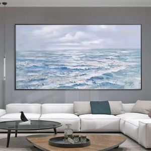 Gran pintura al óleo del océano gris sobre lienzo, textura abstracta paisaje marino acrílico arte moderno sala de estar decoración de la pared del hogar, pintado a mano