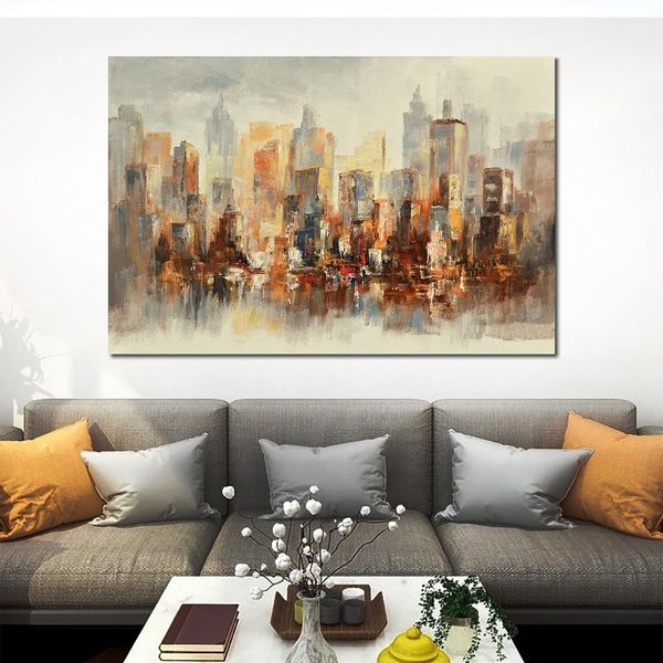 Gran lienzo impresionista hecho a mano arte Willem Haenraets pintura de Skyline amarillo blanco para arte de pared de oficina