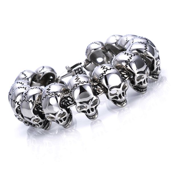 Pulsera grande y pesada de eslabones de calavera de acero inoxidable para hombre Biker Gothic Silver Color High Polished 8.5 pulgadas