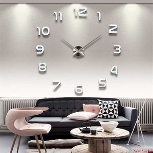 Large Home Wall Clock 3D DIY Clock Acrylic Mirror Stickers Home Decoration Living Room Quartz Needle Self Adhesive Hanging Watch 210724