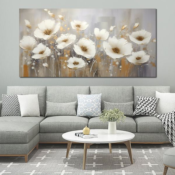 Cuadro de flores de amapola impresionistas grandes sobre lienzo, pintura de flores blancas, póster impreso, imagen para decoración para las paredes del salón