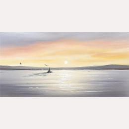 Grote eiland zonsondergang olieverfschilderij, luchtwolken zeilboot abstract canvas muur kunst replica handgemaakt, zeegezichtige home decor foto