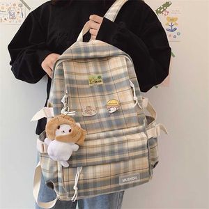 Gran capacidad de la mochila de la tela escocesa coreana japonesa Estudiantes Mochila Campus Raya Estilo Chica de moda Bolsa de viaje impermeable 202211