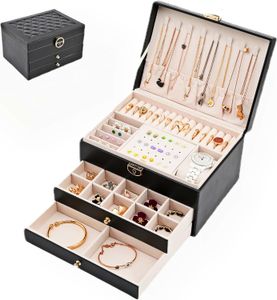 Grande boîte à bijoux pour femme, boîte de rangement de bijoux en cuir à 3 couches avec serrure, organisateur de porte-bijoux avec beaucoup d'espace pour boucles d'oreilles, bagues, colliers, bracelets