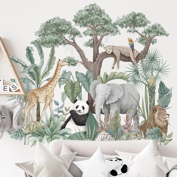 Pegatinas de pared de animales de la selva grandes para habitaciones de niños, decoración de dormitorio de niños, papel tapiz de plantas tropicales nórdicas, Panda, elefante, jirafa