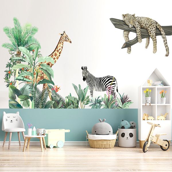 Grands animaux de la Jungle Stickers muraux pour chambres d'enfants garçons chambre chambre décoration girafe léopard papier peint adhésif décoration murale