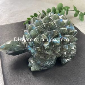 Grote labradoriet Quartz Crystal Turtle Carving Art Gift Unieke verbluffende natuurlijke spirituele minerale spectroliet Gemstone Tortoise Animal Specimen met Rivet Back